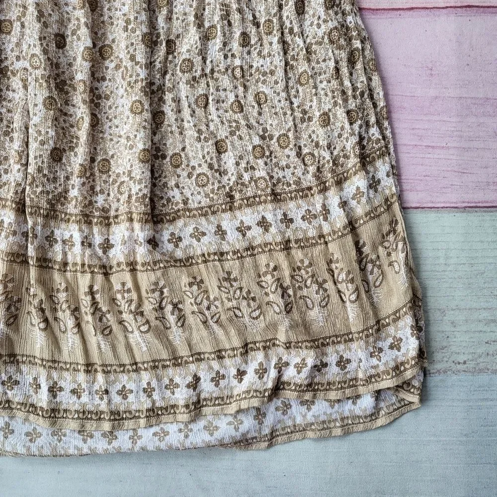 Little Gypsy Co Luna Cream Tan Long Sleeve Floral Boho Midi Dress‎ Size Medium